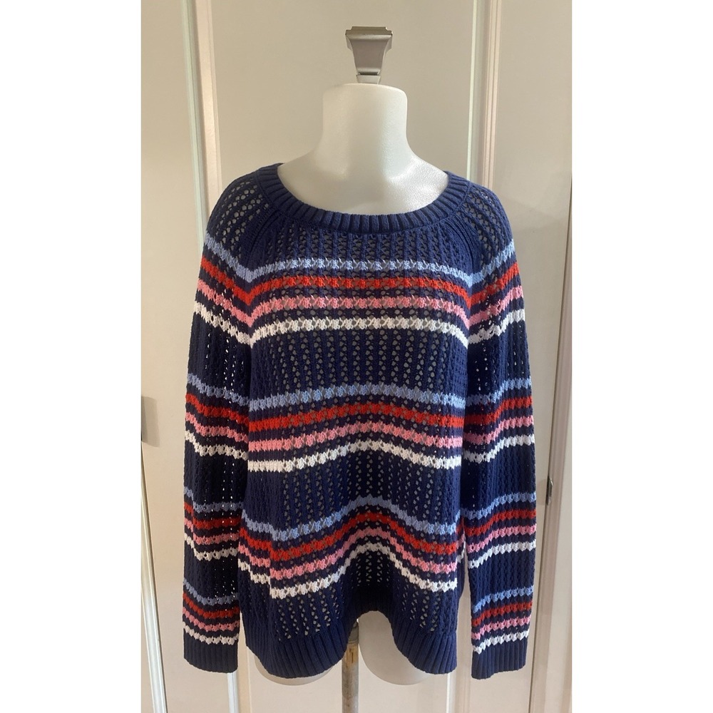 Talbots Striped Open‎ Weave Sweater Navy Red Pink White Size XLP Crochet Coastal